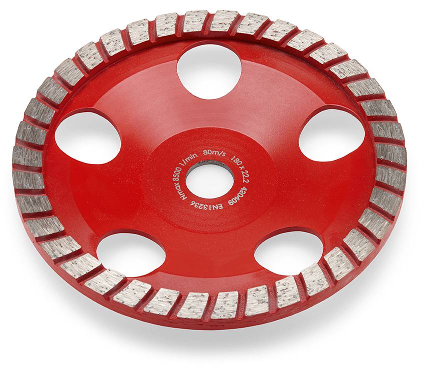 Disco abrasiva rossa con bordi ricoperti di diamante, cinque fori di ventilazione, idonea per una levigatura intensa di materiali duri.