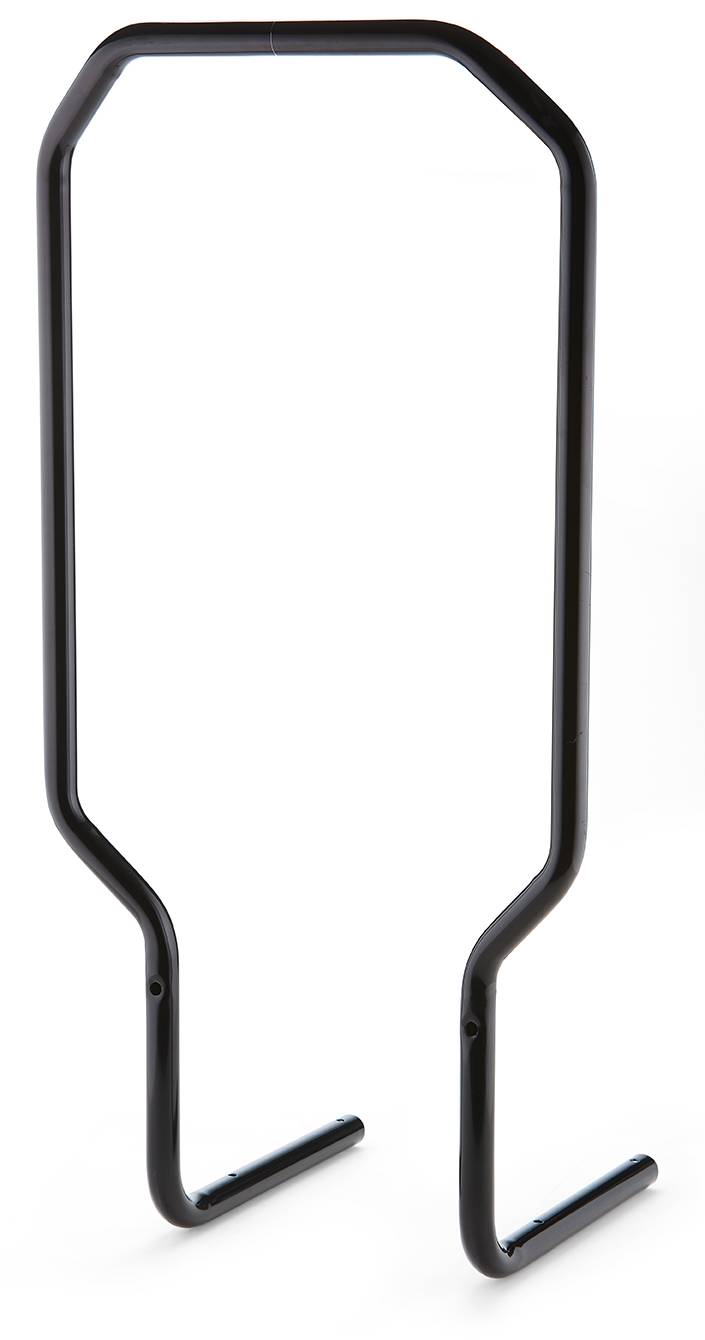 Supporto metallico nero a forma di U rovesciata, utilizzato per sostenere o sorreggere oggetti.