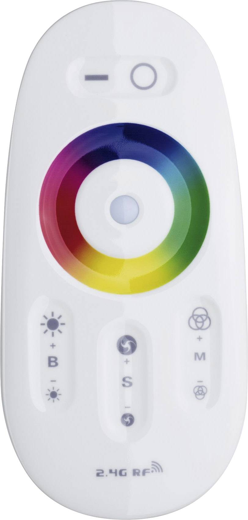 Un controller remoto wireless con una ghiera di regolazione colorata per il controllo di luci LED, comprensivo di tasto di accensione e spegnimento.
