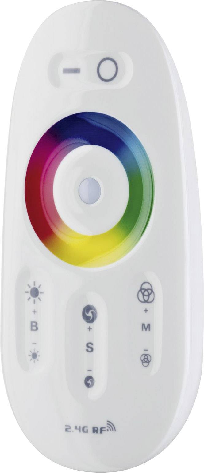 Telecomando bianco per il controllo di luci LED. Ruota dei colori al centro, tasti per la luminosità, cambio modalità e funzione on/off.