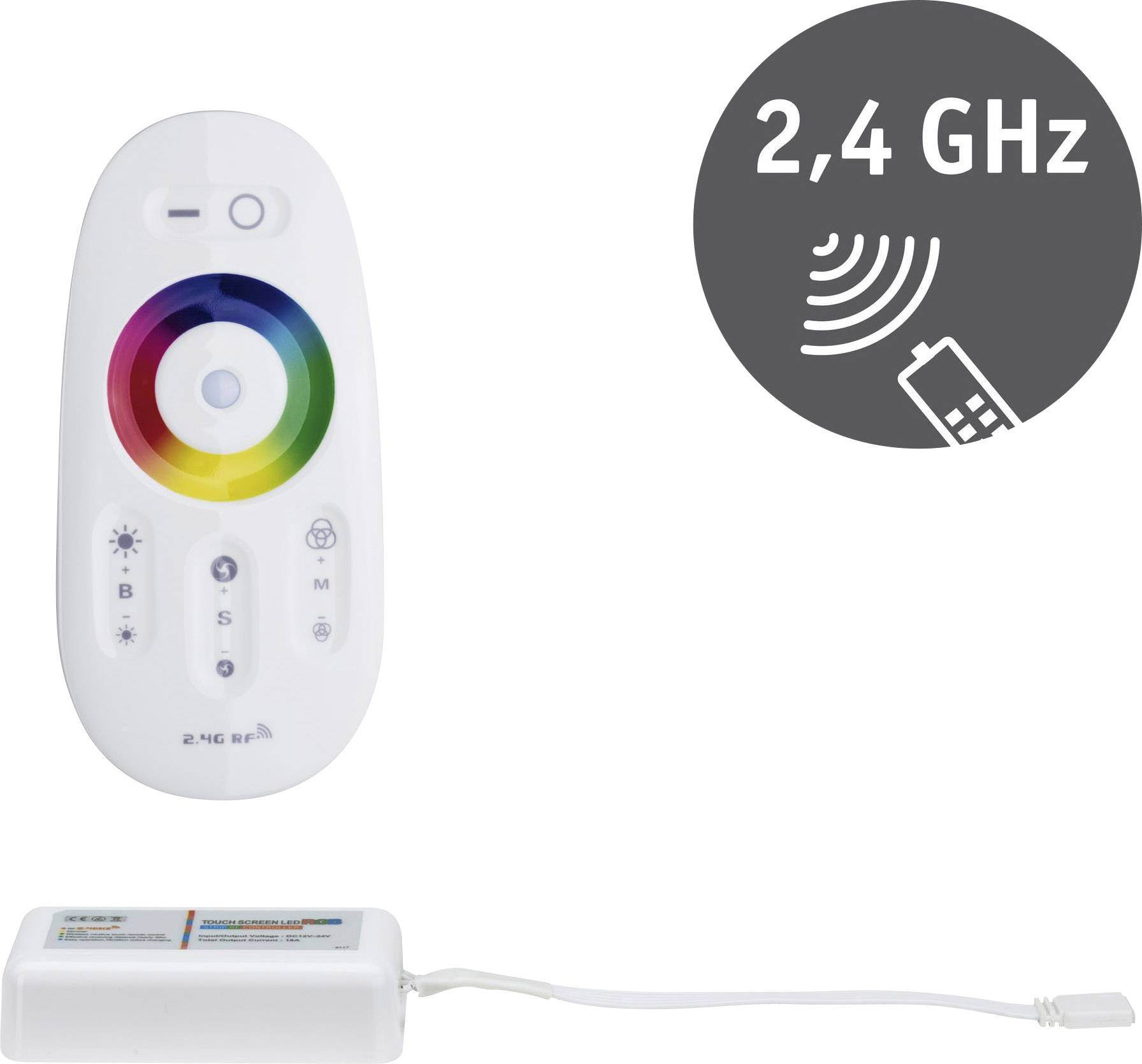 Un telecomando con un cerchio colorato per il controllo di luci LED tramite radiofrequenza 2,4 GHz. Un ricevitore è parimenti mostrato.