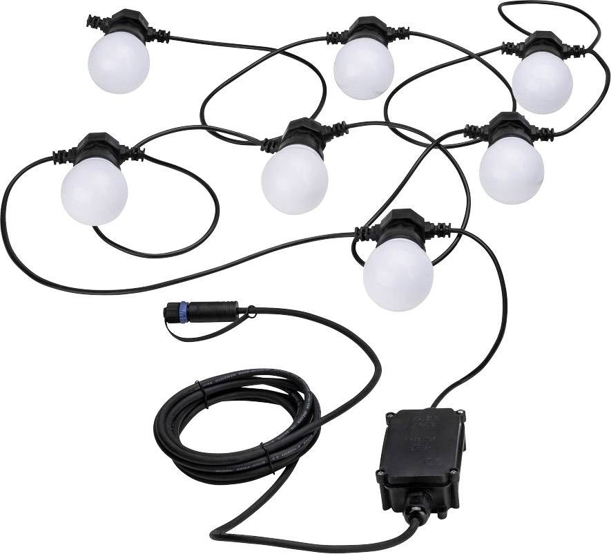 Catena luminosa con otto lampade a sfera bianche, collegate da cavi neri, con spina e presa. Adatta per decorazioni da esterno.