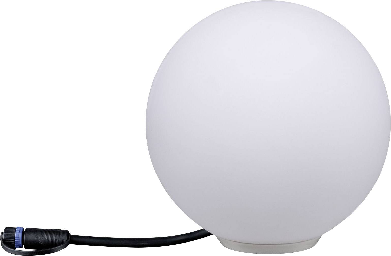 Lampada bianca, sferica, con cavo elettrico nero, adatta a scopi di illuminazione, su sfondo neutro.