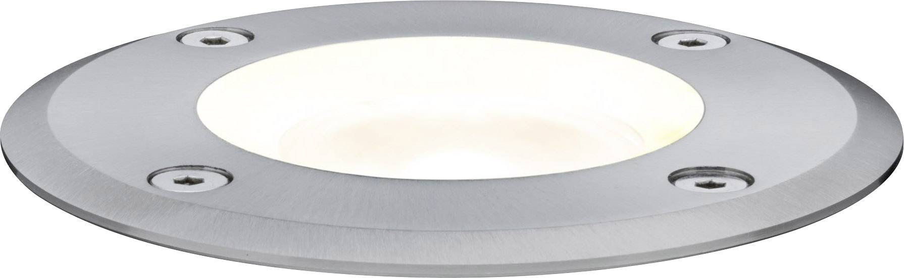 Plafoniera LED tonda da incasso a pavimento di colore argento, adatta per illuminazione esterna, con quattro viti visibili.