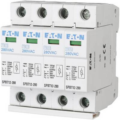 Un dispositivo di protezione da sovratensione a quattro prese, marca Eaton, idoneo per 280VAC. Mostra numeri di modello e specifiche tecniche.