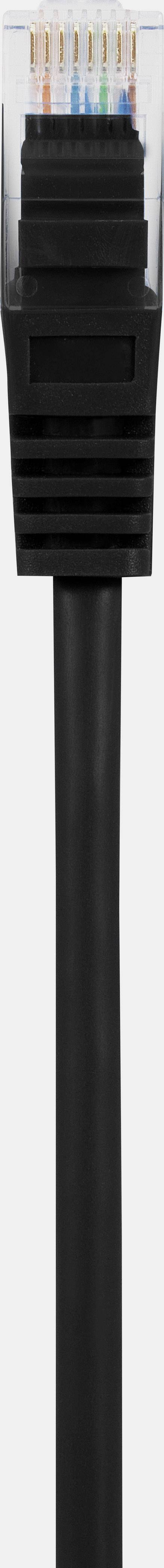 Un cavo Ethernet nero con un connettore RJ45 trasparente, all'interno del quale sono visibili fili colorati.