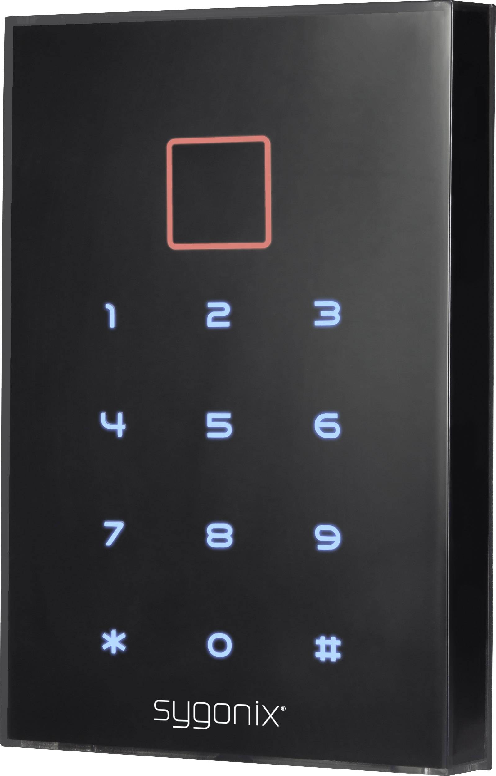 Dispositivo di controllo accesso nero con sensore quadrato illuminato in alto, con tastiera numerica blu da 0 a 9 e tasti simbolici sotto.