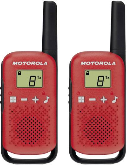 Due walkie-talkie rossi Motorola con antenna nera e display, che mostrano il numero '8'.