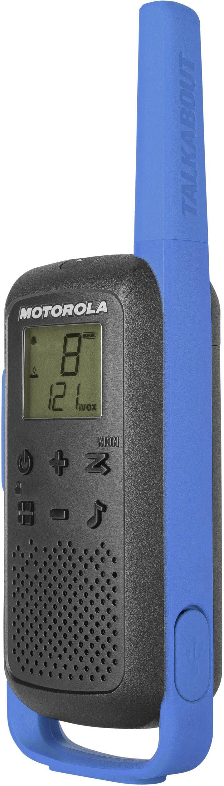 Un ricetrasmettitore portatile Motorola blu-nero con display e clip per cintura blu, che mostra il canale 8 e il livello della batteria.