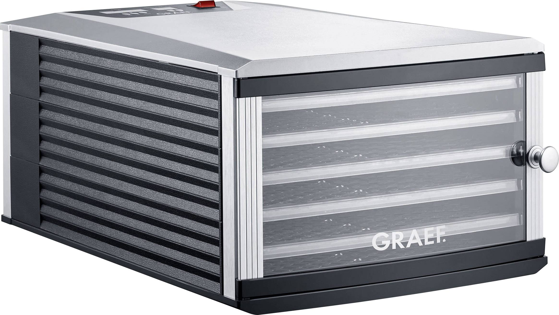Un essiccatore per alimenti in acciaio inox con più cassetti per l'essiccazione simultanea di alimenti, marchio 'Graef'.