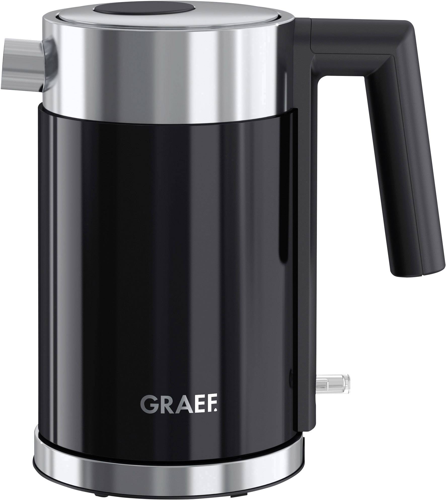 Bollitore nero con dettagli argentati, contrassegnato con 'Graef', che mostra un design moderno.