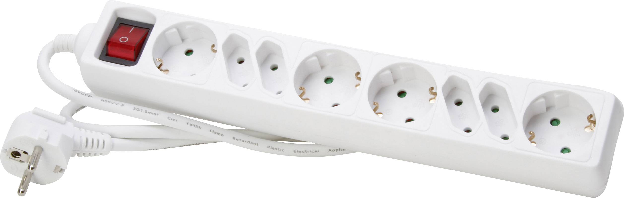 Multipresa bianca con sei prese e interruttore rosso di accensione/spegnimento, collegata a un cavo di alimentazione con spina Schuko.