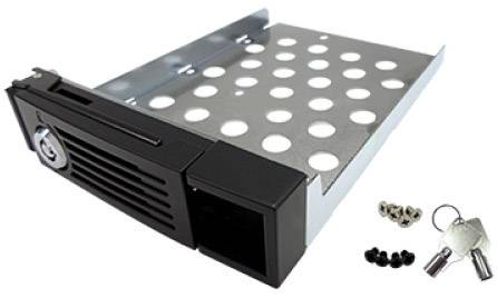Alloggiamento per hard disk con fori di ventilazione e serratura a chiave, affiancato da viti e due chiavi su sfondo bianco.