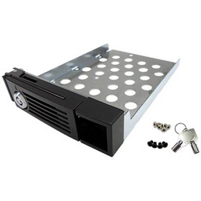 Alloggiamento per hard disk con fori di ventilazione e serratura a chiave, affiancato da viti e due chiavi su sfondo bianco.