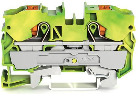 Una sezione trasversale di un morsetto con isolamento verde e giallo e connessioni a vite integrate, contrassegnata con 'N'.