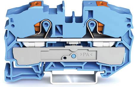 Sezione trasversale di un connettore elettrico blu con morsetti metallici e isolatori visibili. Utilizzato per connessioni elettriche.