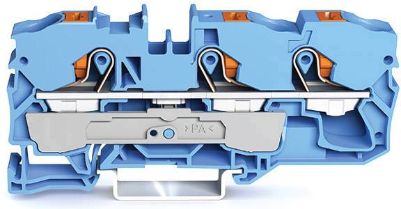 Sezione trasversale di un morsetto elettrico blu con connessioni in rame e meccanismo a leva grigio, utilizzato nei quadri elettrici.