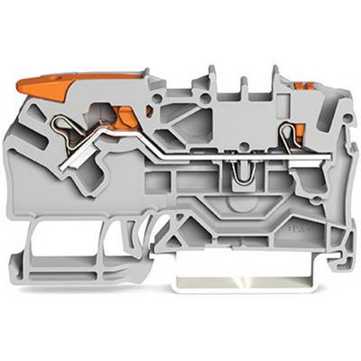 Sezione trasversale di un componente in plastica grigio e arancione, probabilmente un pezzo tecnico con molteplici connessioni e spazi interni.
