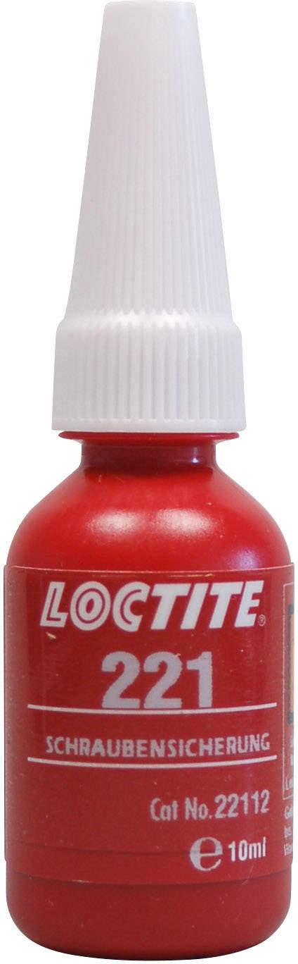 Piccolo flacone rosso con tappo bianco, etichettato 'Loctite 221'. Per la fissazione di viti. Contiene 10 ml.