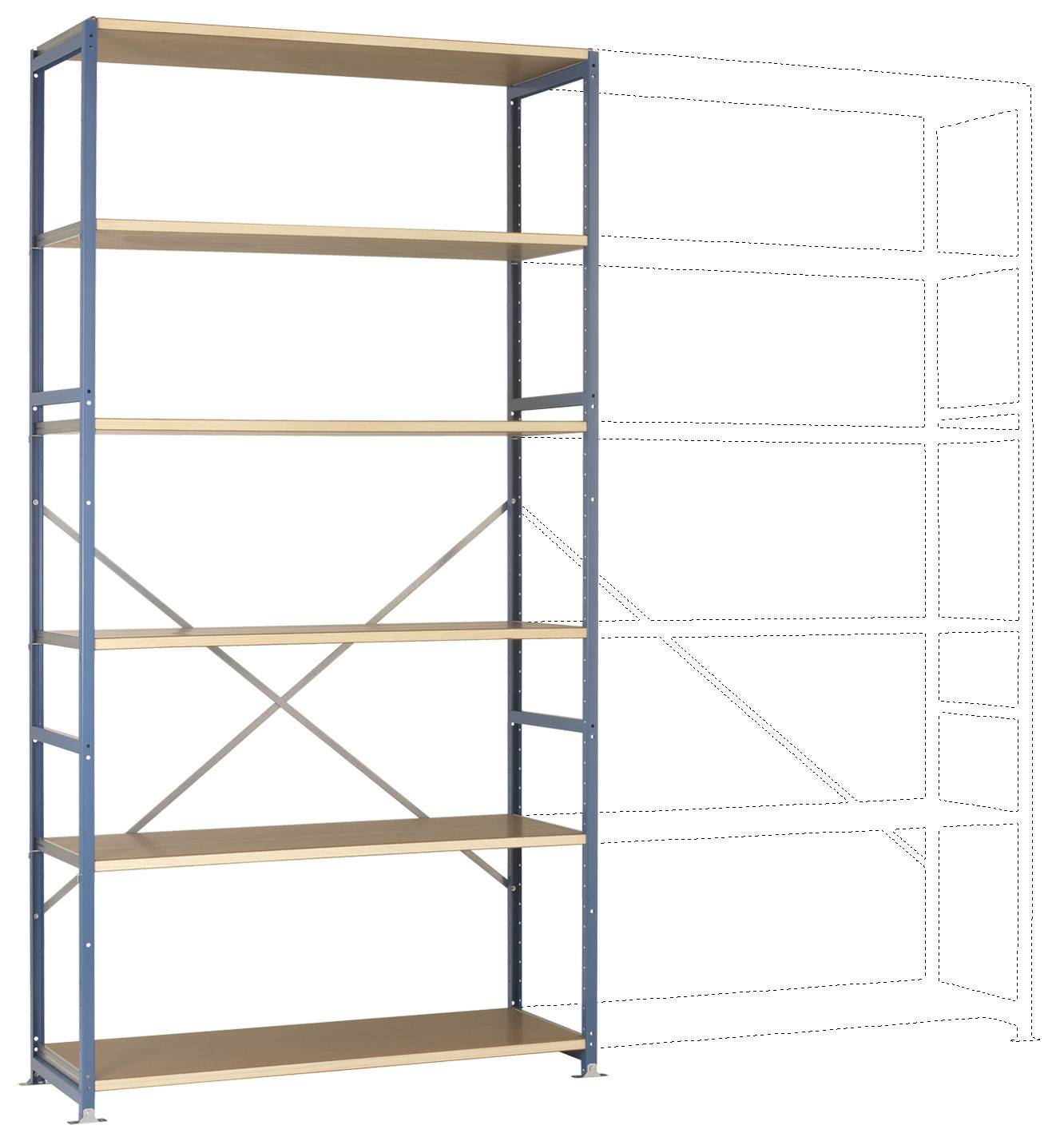 Una scaffalatura metallica indipendente con cinque ripiani in legno. Accanto a destra, una sagoma tratteggiata per visualizzare un possibile ampliamento.