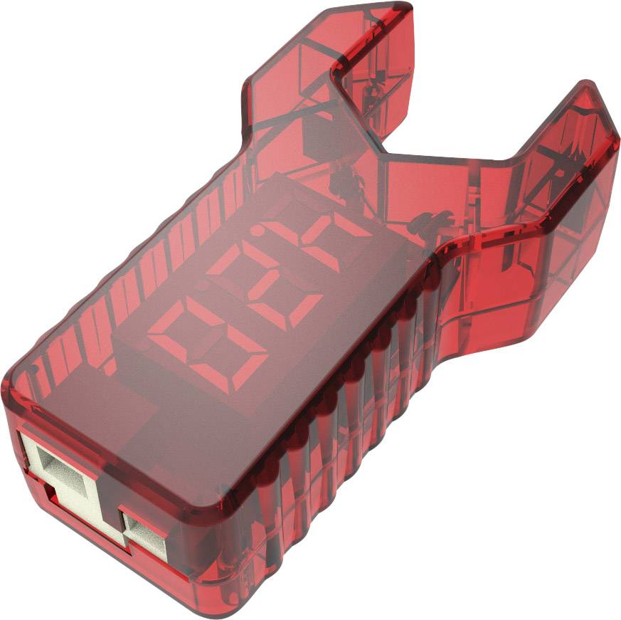 Un connettore Ethernet doppio trasparente rosso con indicatore LED che mostra '28'.