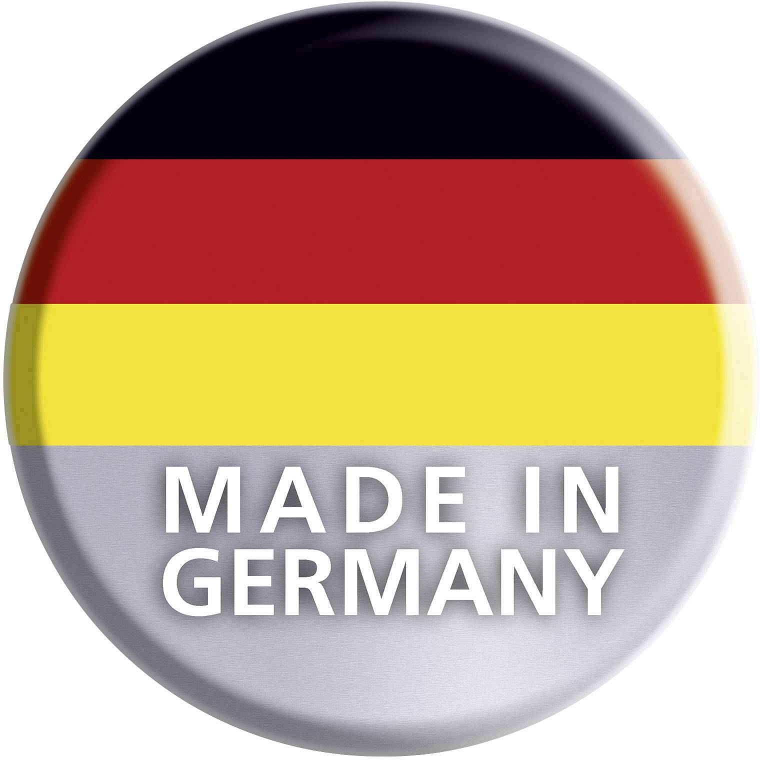 Un pulsante rotondo e lucido con i colori della bandiera tedesca in alto: Nero, Rosso, Oro. Sotto è scritto 'MADE IN GERMANY'.