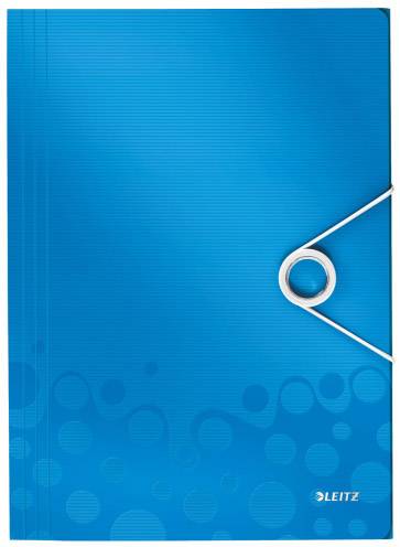 Raccoglitore Leitz blu con chiusura elastica e motivo circolare.