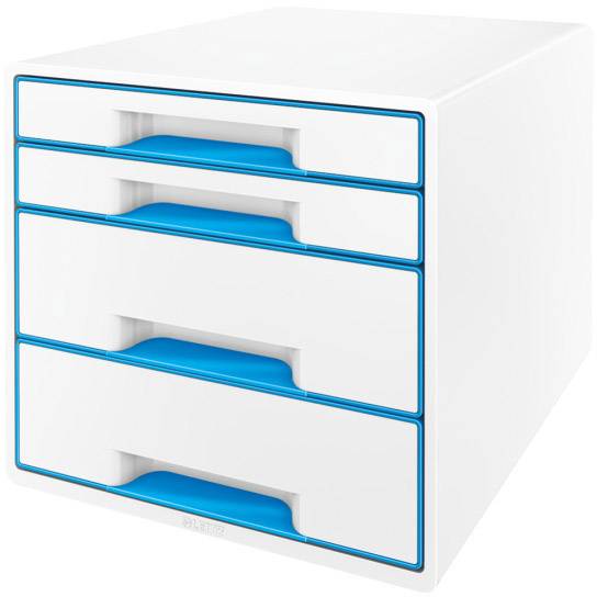 Unità cassettiera bianca con maniglie blu, quattro cassetti. Utilizzata per conservare documenti in ufficio o a casa.