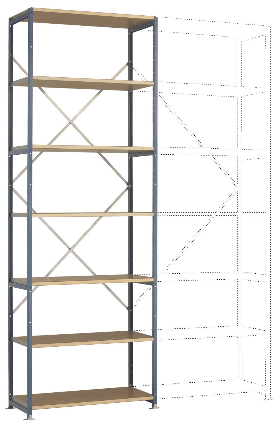 Una scaffalatura metallica alta con sette ripiani in legno. A destra è indicato come possono essere aggiunte ulteriori sezioni della scaffalatura.