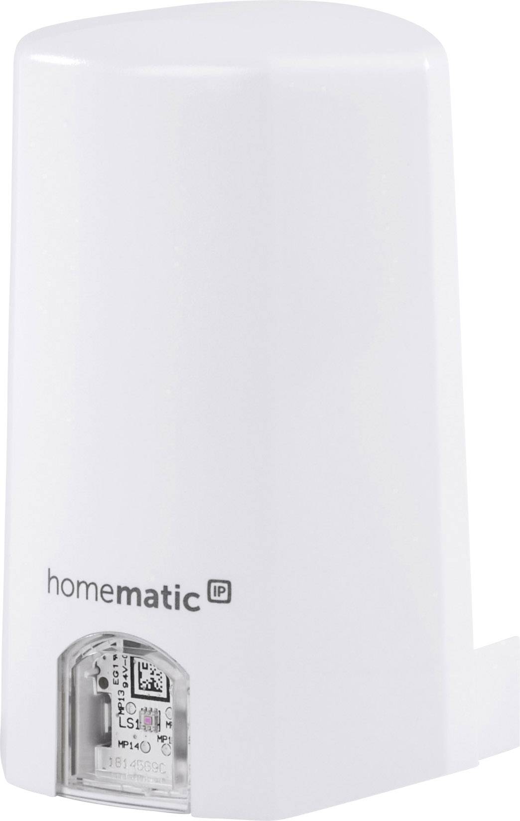 Dispositivo cilindrico bianco con logo Homematic IP, dotato di uno scomparto trasparente sul lato inferiore.
