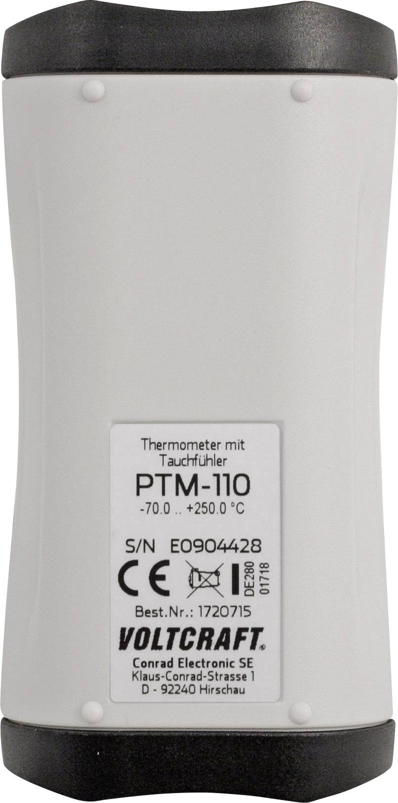Un termometro portatile con l'iscrizione 'Termometro con sonda di immersione PTM-110'. Campo di temperatura: da -70 a +250 °C.