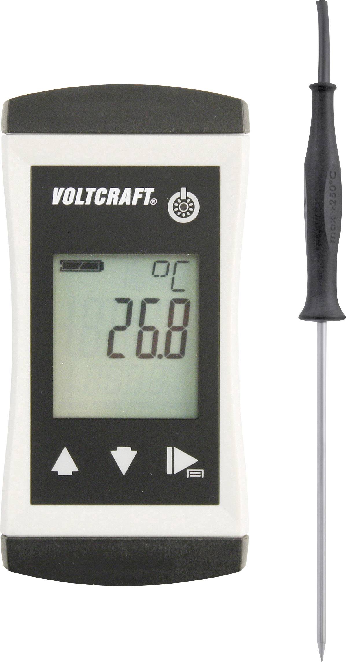 Termometro digitale con elettrodo manuale, che mostra 26,8 °C sul display.