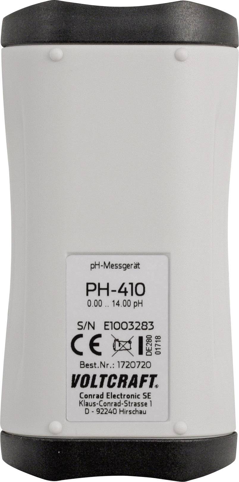 Un misuratore di pH portatile con range di misurazione da 0,00 a 14,00 pH, modello PH-410 di VOLTCRAFT, con numero di serie e marchio CE.