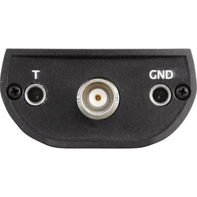 Presa nera con tre porte, contrassegnata come 'T', un connettore rotondo in metallo al centro e 'GND'.
