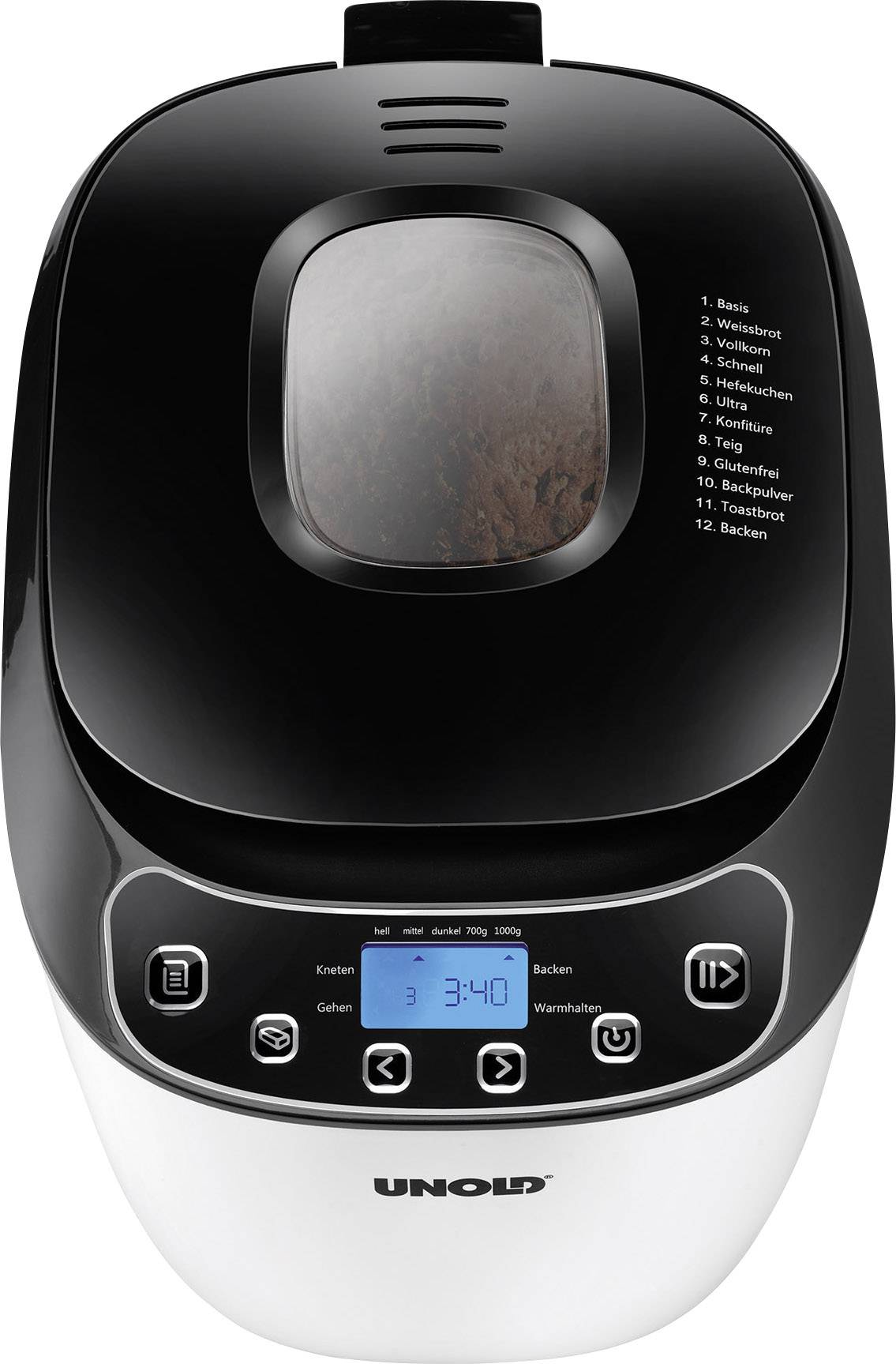 Un macchina per il pane con display digitale mostra il timer a 3:40. Diversi programmi sono elencati sulla parte superiore.