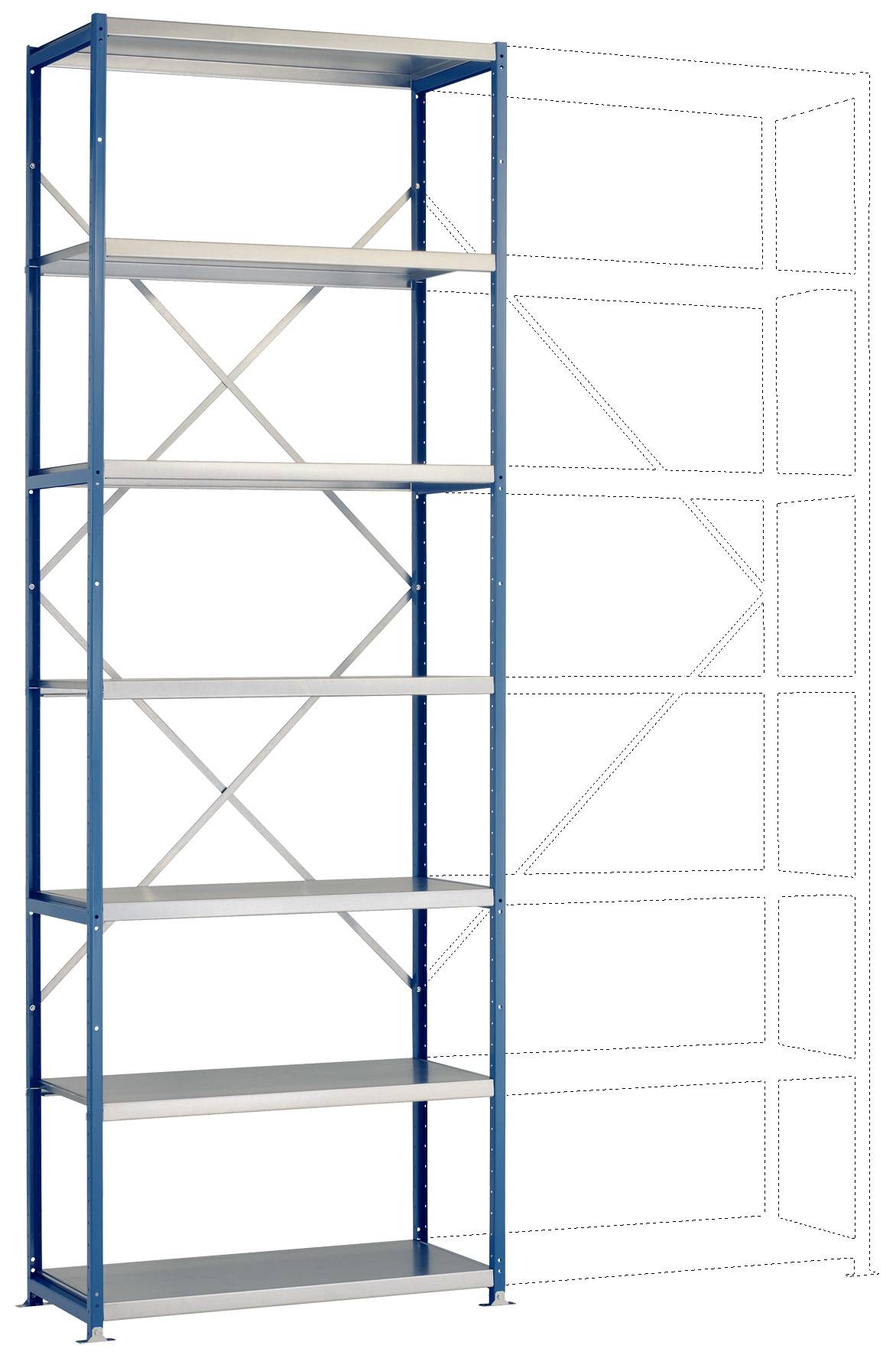 Un alto scaffale metallico con otto ripiani. Accanto a destra, un disegno a linee tratteggiate di una sezione di scaffalatura non esistente.