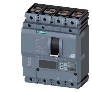 Un interruttore di potenza Siemens grigio, modello 3VA2, con quattro connessioni nella parte superiore e leva di comando al centro per applicazioni elettriche.