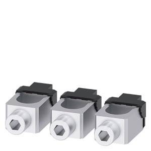 Tre connettori in argento con vite esagonale e copertura nera, utilizzati per il collegamento elettrico.
