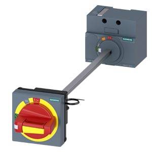 Un pulsante di emergenza Siemens con leva rossa e cornice gialla. È collegato a un dispositivo di comando grigio.
