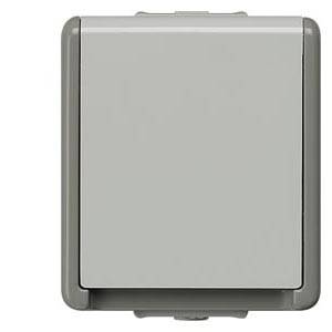 Interruttore esterno grigio quadrato con coperchio impermeabile, idoneo per l'installazione all'aperto.