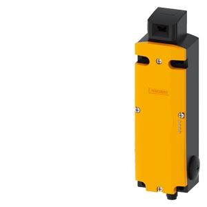 Interruttore industriale in custodia giallo-nera, orientato verticalmente. Utilizzato in sistemi di sicurezza o controllo macchine.