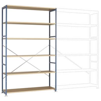 Uno scaffale metallico con cinque ripiani in legno. A destra sono presenti linee tratteggiate che rappresentano un set di espansione per aggiungere ulteriori ripiani.