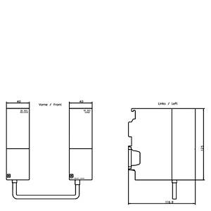 Disegno tecnico di un oggetto rettangolare con vista frontale e laterale, con dimensioni, testo 'Vorne / Front' e 'Links / Left'.