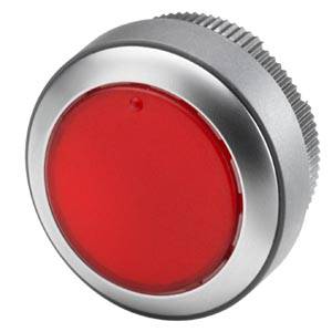 Un pulsante rosso con cornice metallica montato su un dispositivo. Probabilmente un tasto di comando o un interruttore.