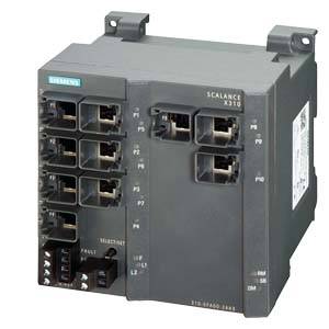 Un switch di rete Siemens, modello Scalance X310, con più porte Ethernet e indicatori LED per il monitoraggio dello stato.