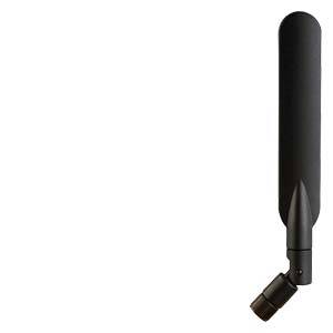 Antenna nera, angolata, di un dispositivo wireless, verticalmente orientata, su sfondo bianco.