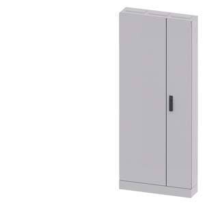 Un armadietto metallico grigio e semplice con due ante e una maniglia nera, è in posizione verticale.