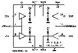 Schema elettrico di un circuito elettrotecnico con tre transistor, amplificatori ed etichette, che mostra i collegamenti dei componenti.