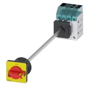 Un interruttore elettrico principale con impugnatura rossa e base gialla, collegato tramite un'asta metallica a un modulo di alloggiamento grigio.