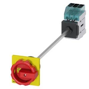 Un interruttore di emergenza con manopola rossa di arresto e base gialla, collegato a un involucro elettrico tramite un'asta di prolunga.